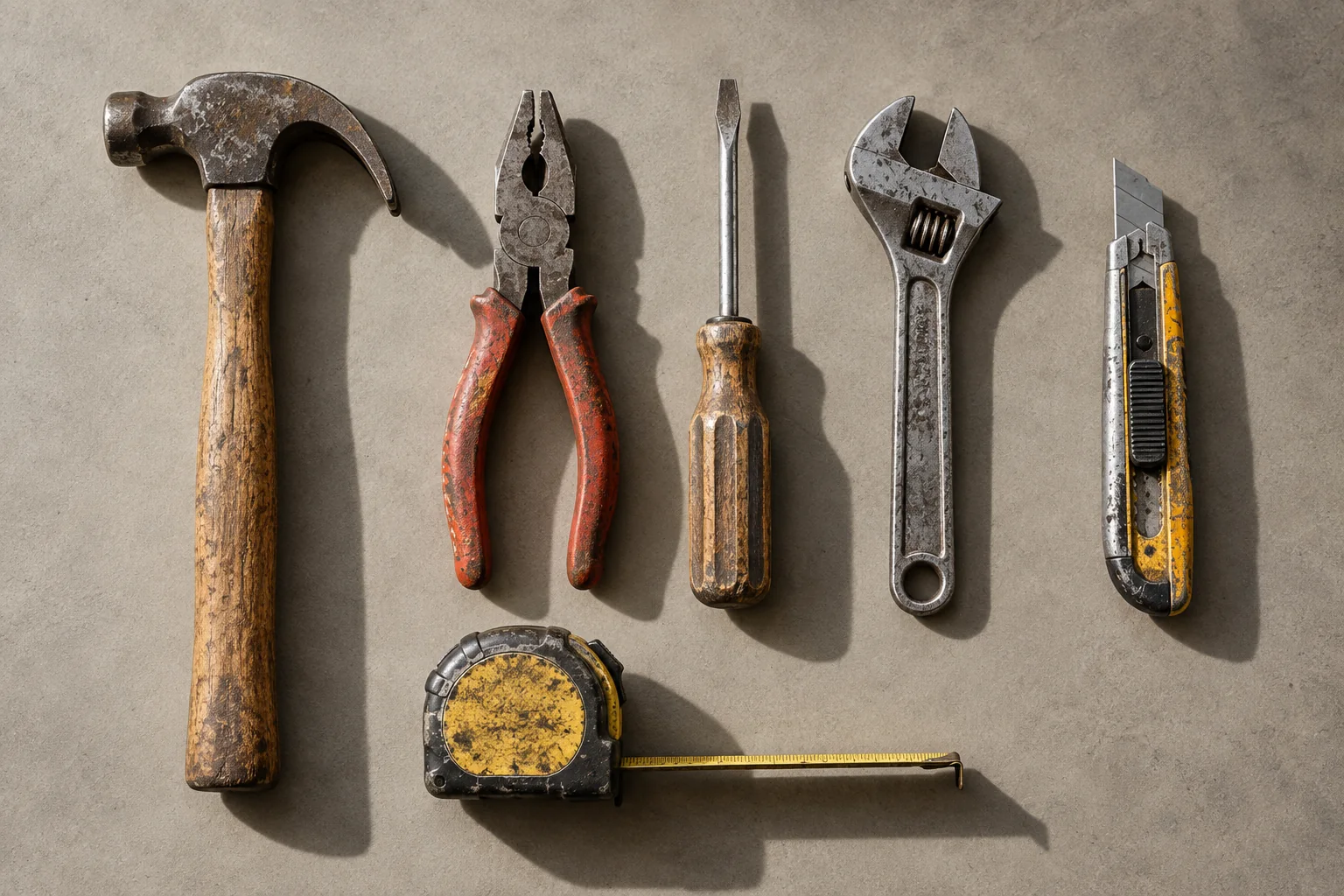 Worn hand tools laid out in a row on concrete: hammer, pliers, screwdriver, wrench, utility knife and a tape measure