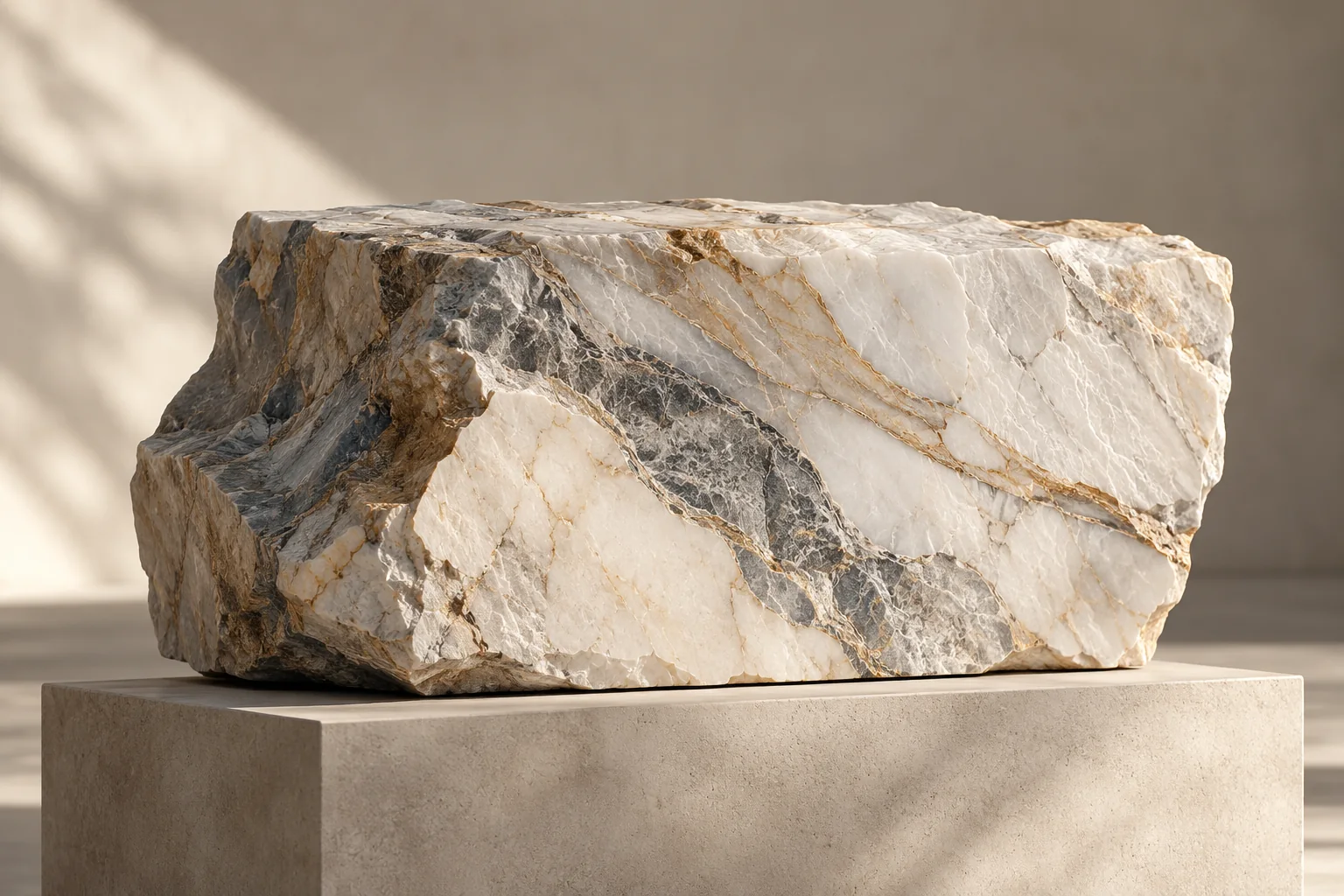 A rough uncut block of veined marble resting on a plain concrete plinth