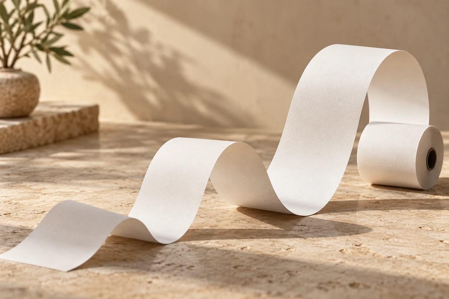 A long curl of blank receipt paper unrolled across a stone counter in sunlight