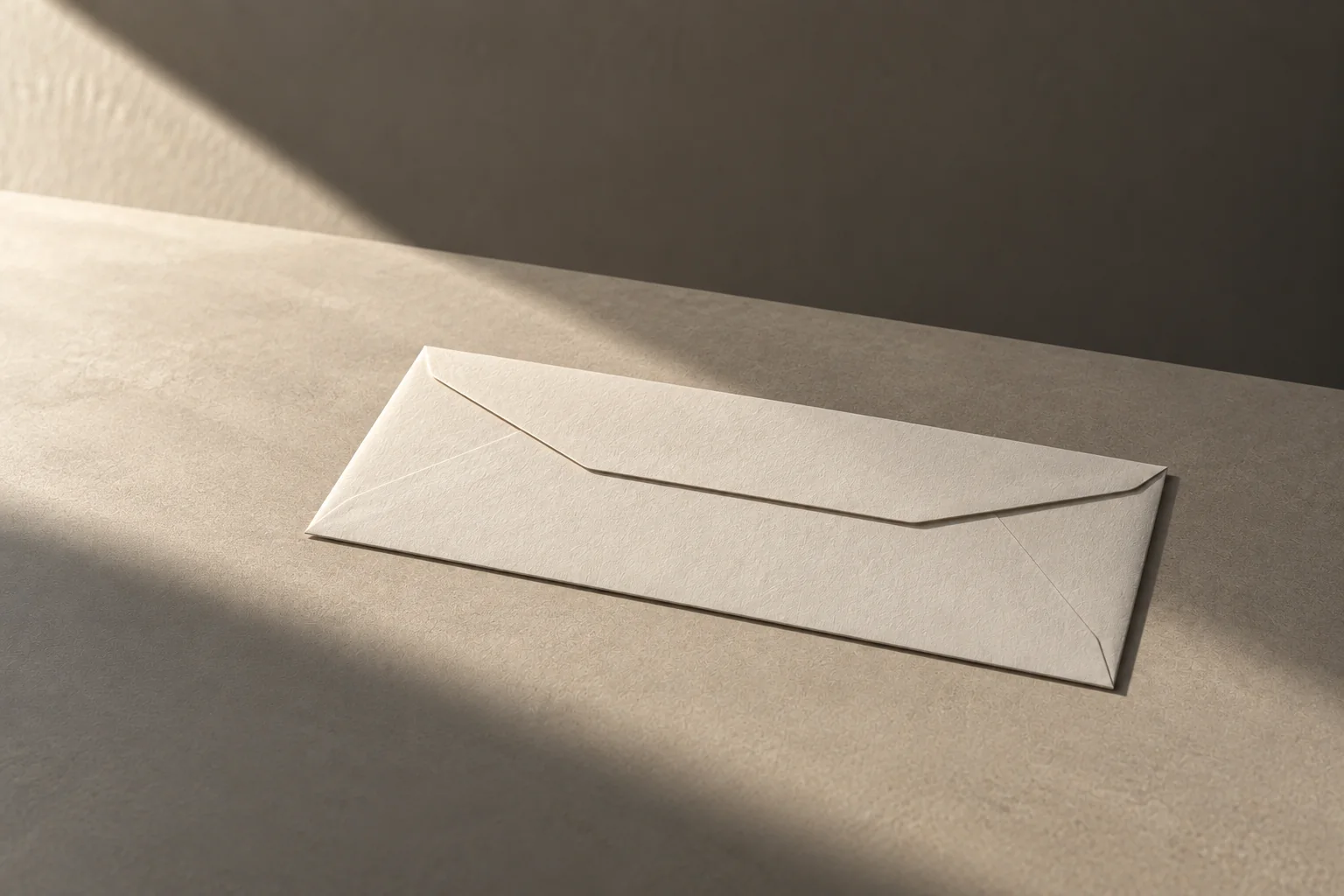 A single cream envelope lying on a concrete surface in raking light
