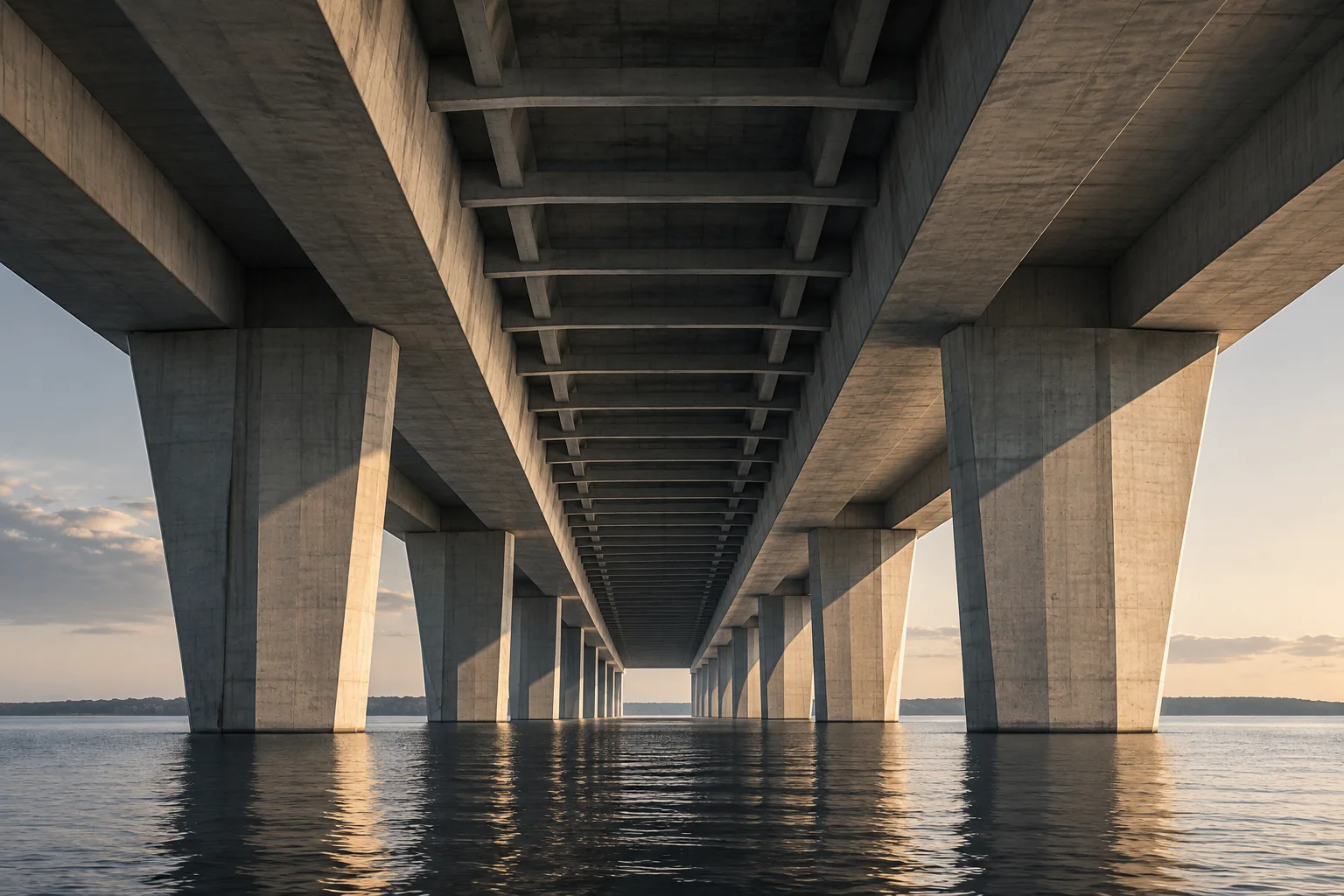 The underside of a long concrete bridge receding over still water at dusk