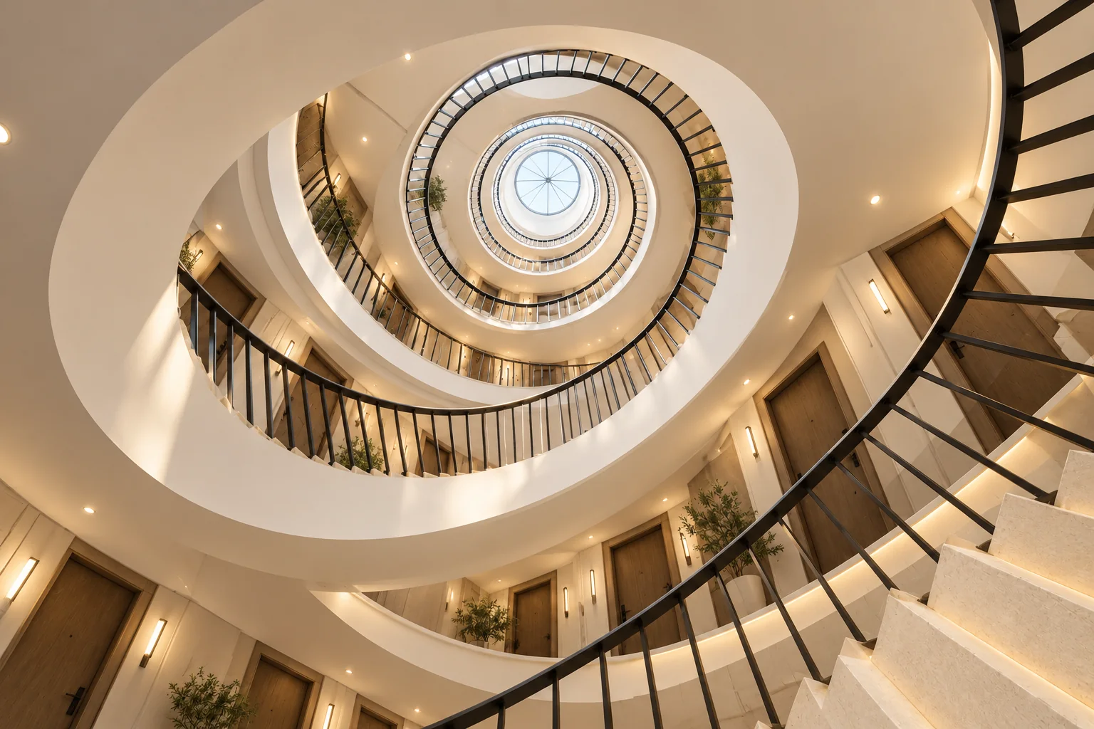 A spiral staircase seen from above, winding down around a circular skylight