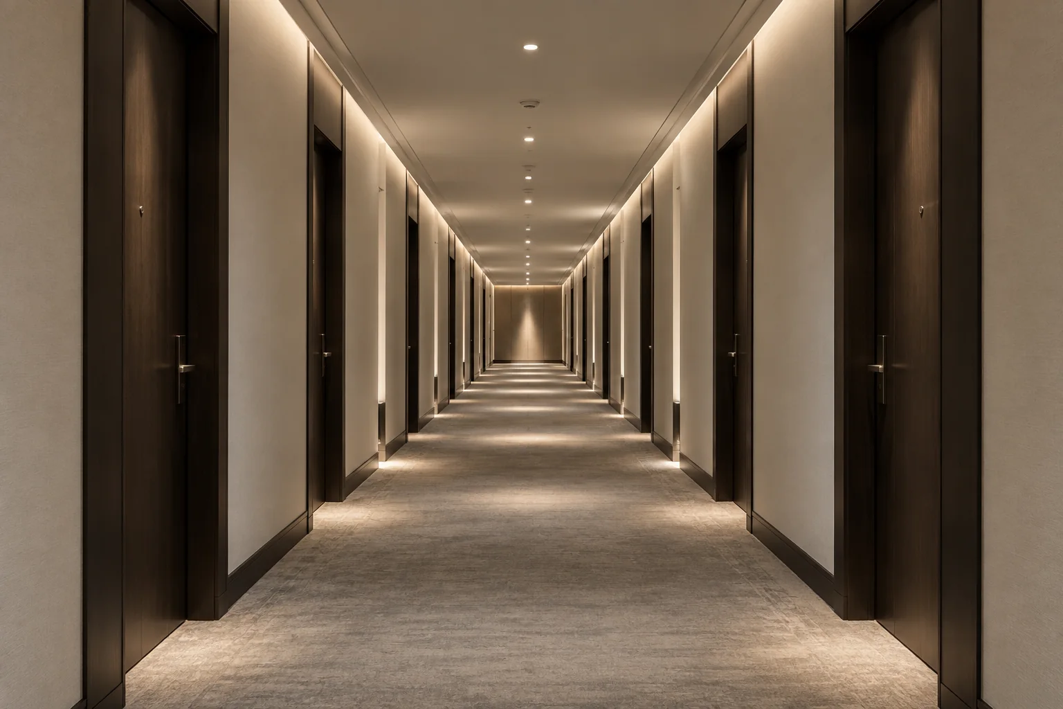 An empty hotel corridor lined with dark doors, receding to a distant point