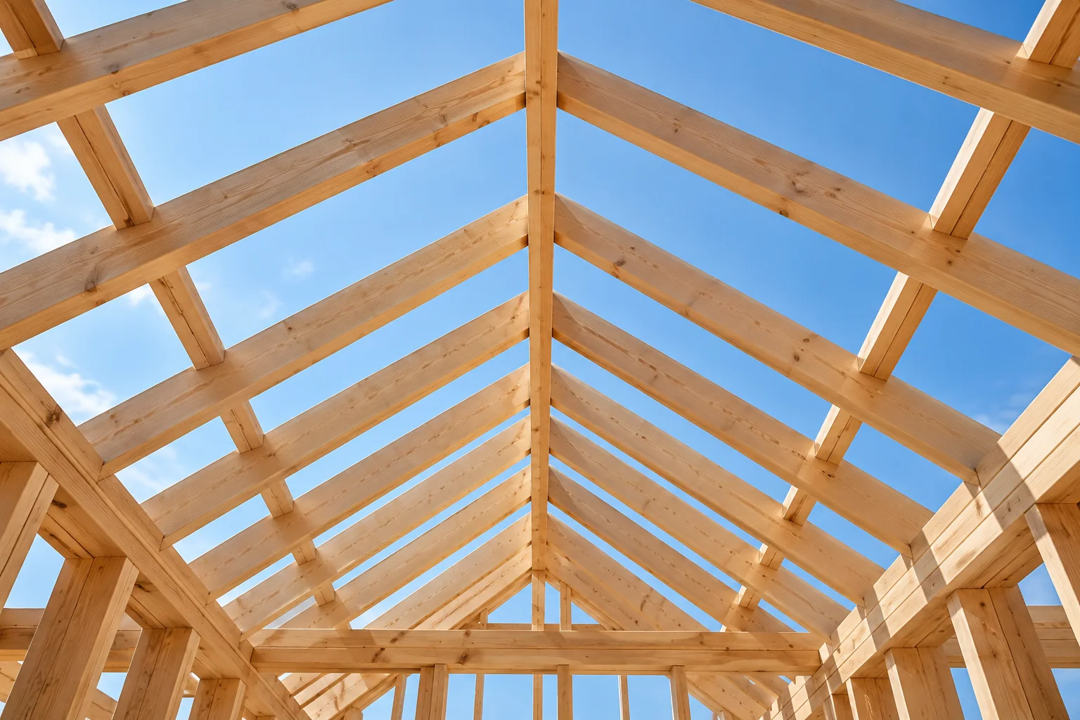 Bare timber roof rafters photographed from inside, blue sky visible between them