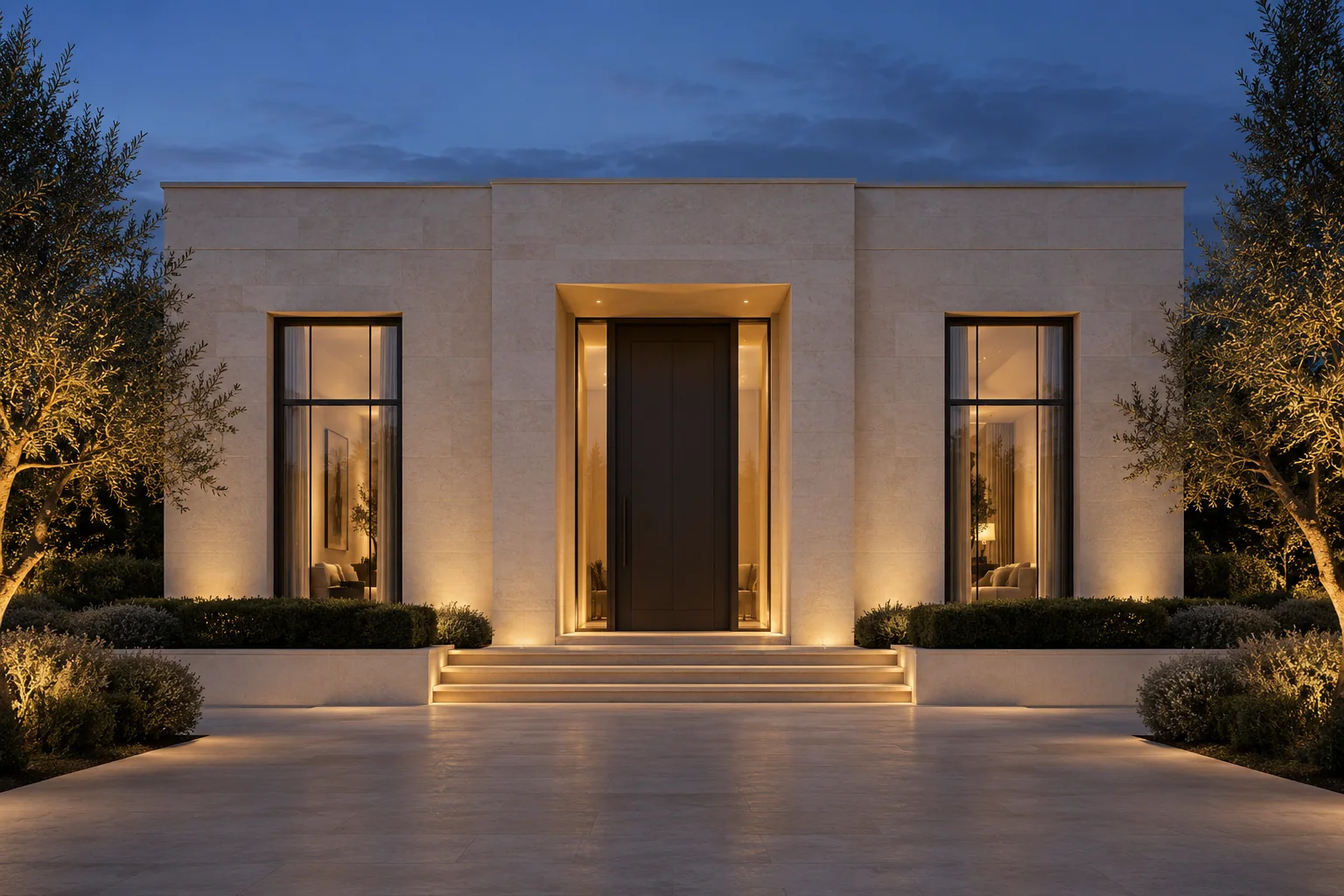 A symmetrical modern limestone house at dusk, warm light behind tall windows and a dark central door