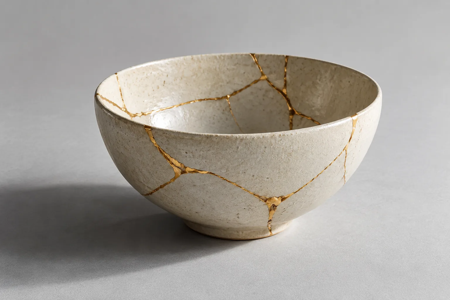 A cream ceramic bowl broken and rejoined, the repaired seams filled with gold