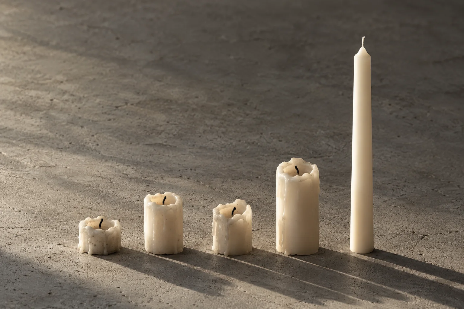 Four burnt-down candle stubs of different heights in a row on concrete, beside one tall unlit taper, all casting long shadows in low side light