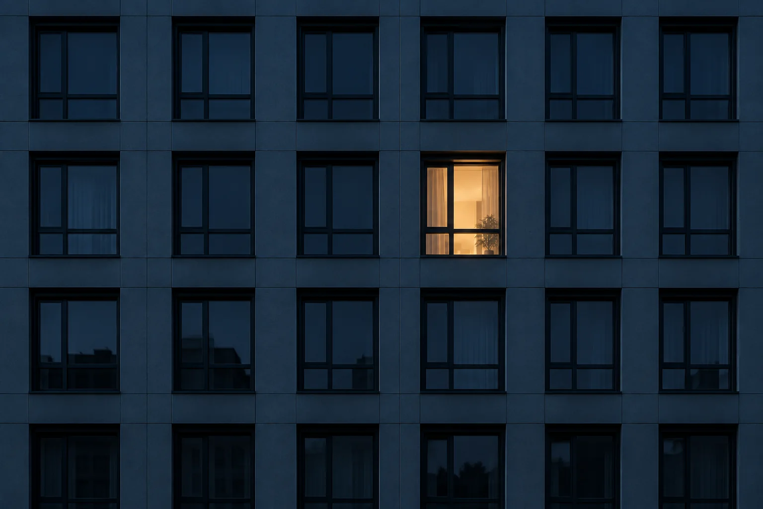 A dark apartment facade at dusk with a single window lit warm amber