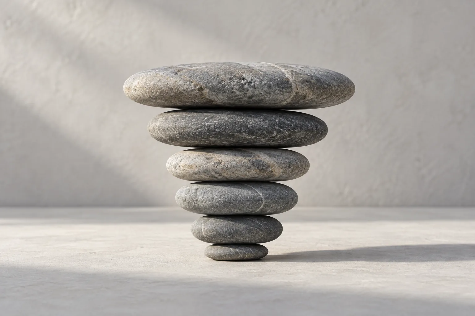 Five smooth grey stones stacked in a column, each broader than the one beneath it