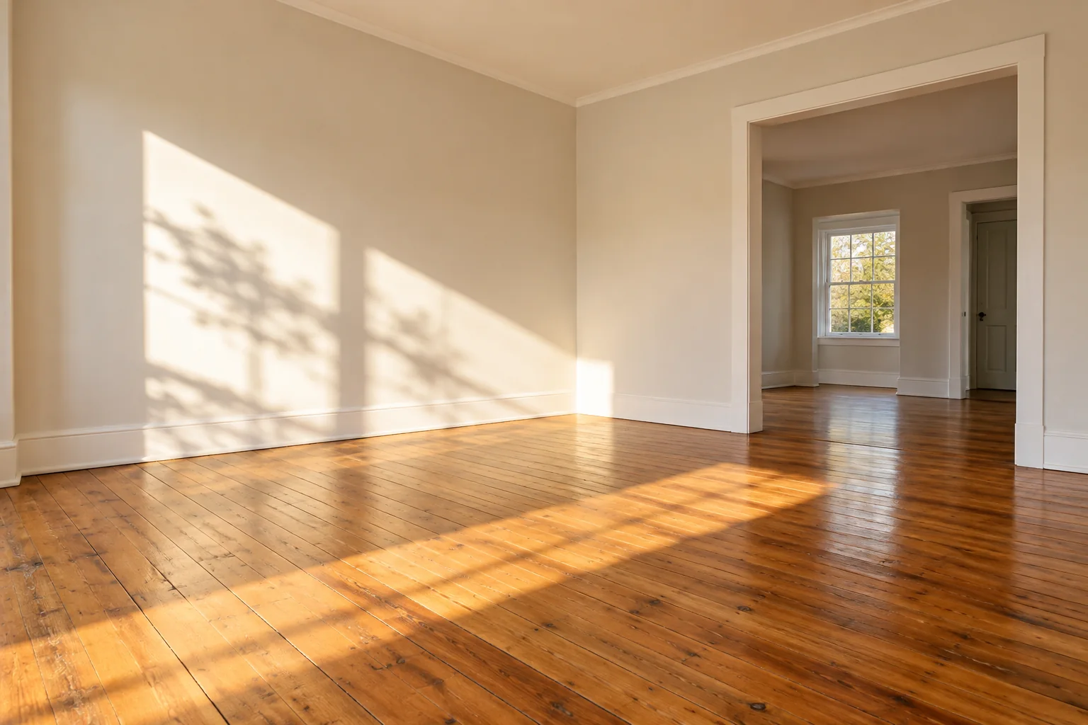 An empty room with bare wooden floorboards and afternoon light across the wall