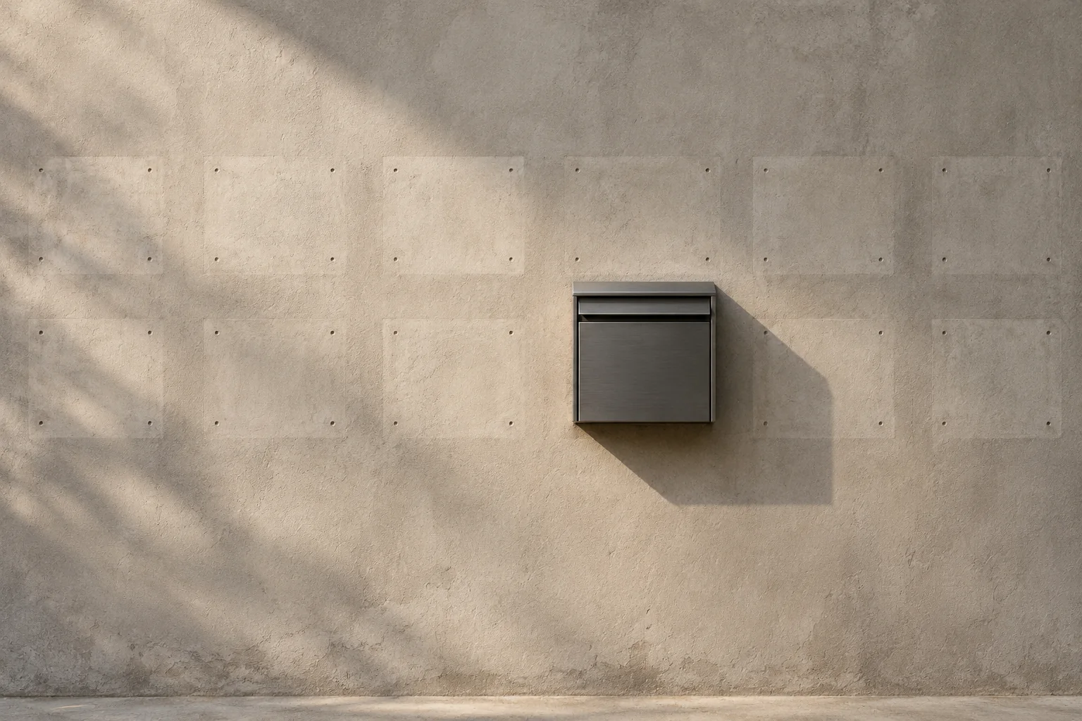 A single grey mailbox mounted on a large blank concrete wall