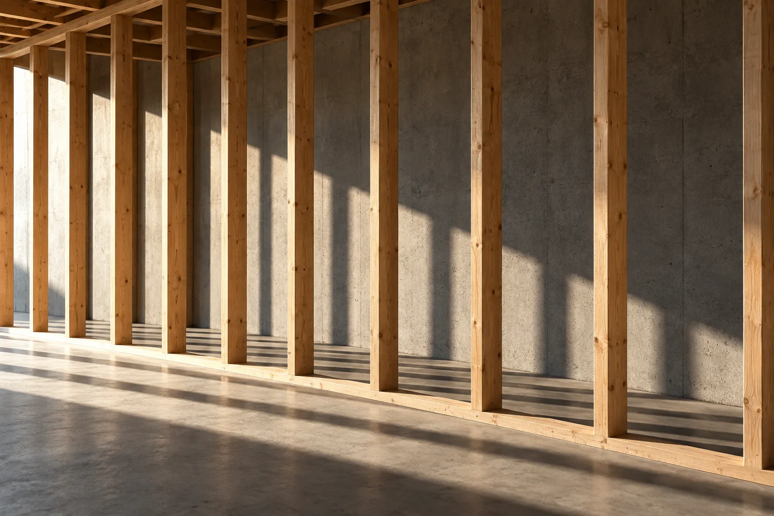 Interior timber wall studs against bare concrete, sunlight raking through the gaps