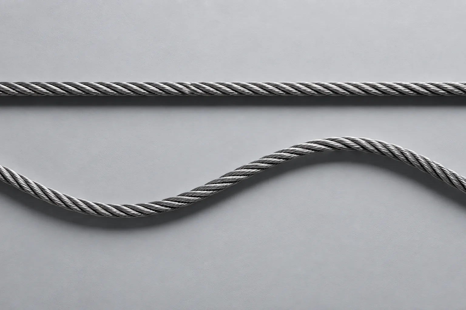 Two steel cables lying parallel on a pale surface, the upper one straight and taut, the lower one carrying a long wave