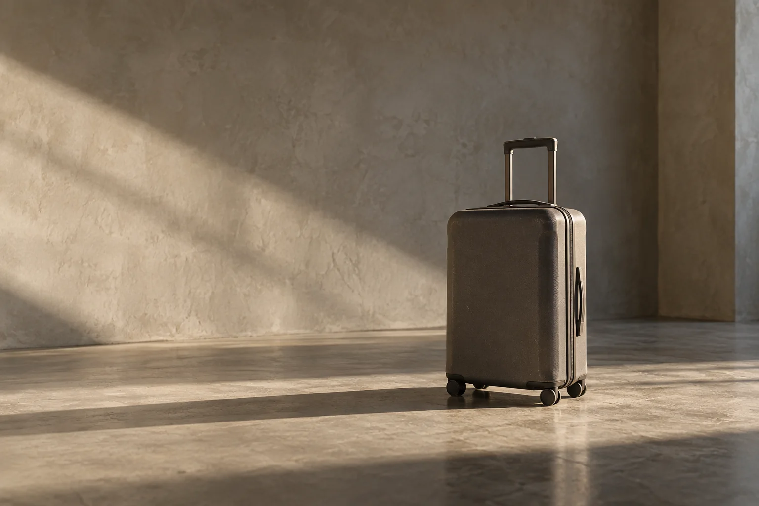 A single suitcase standing alone in an empty concrete room