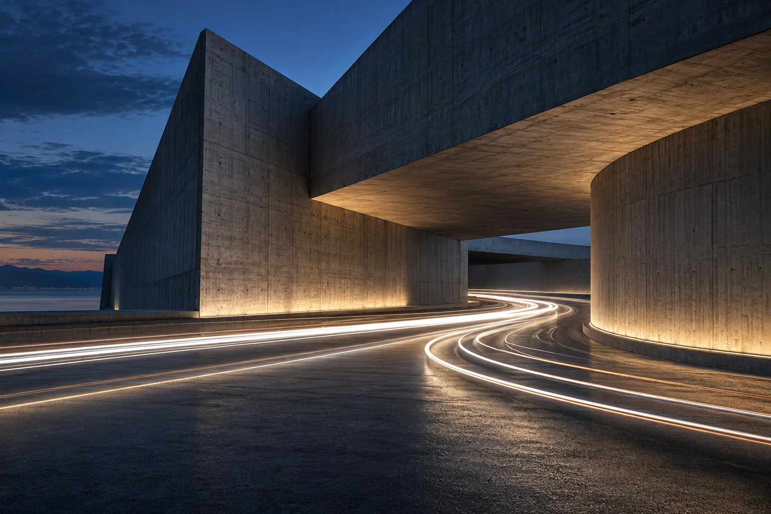Light trails curving through a concrete underpass at dusk, long exposure