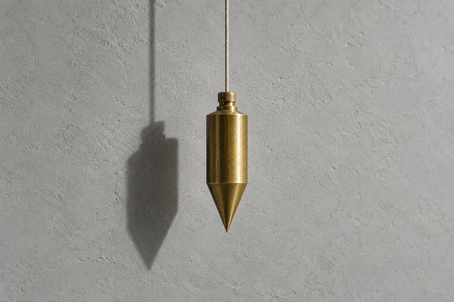 A brass plumb bob hanging motionless on its line against a bare plastered wall