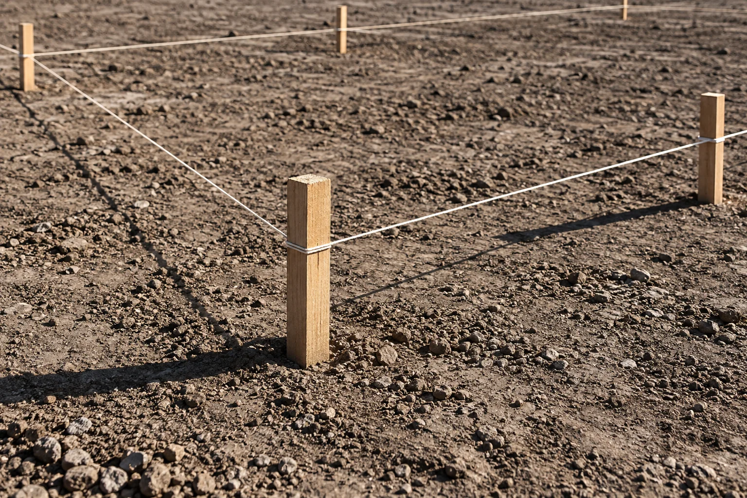 Wooden survey stakes and taut string marking out a plot on bare earth