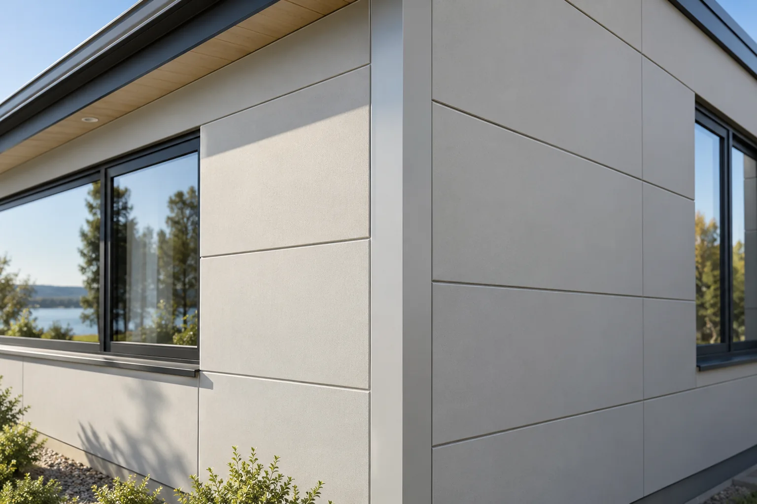 The clean panelled facade of a modern modular home with dark framed windows