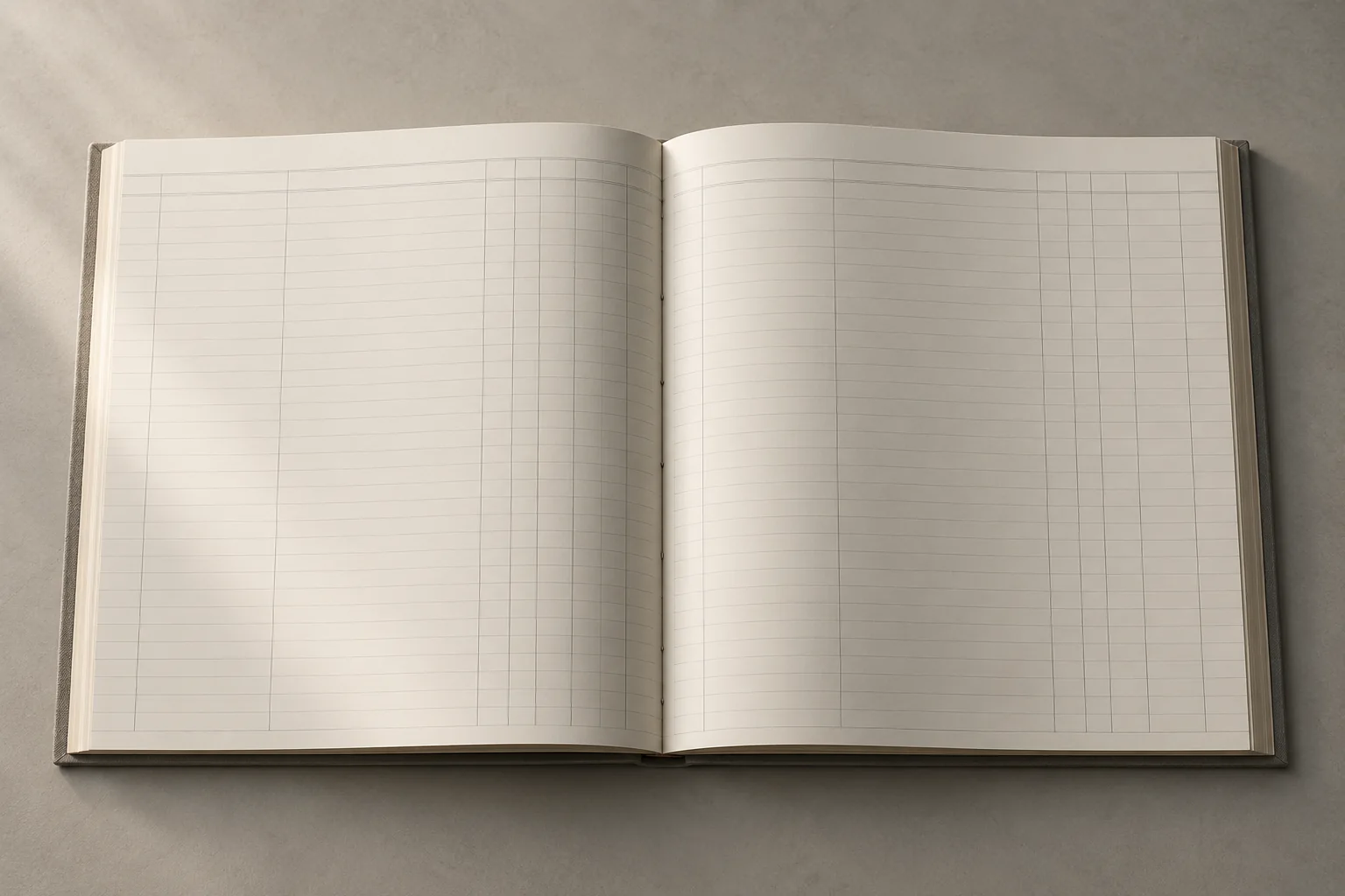 An open ledger book, ruled into columns and entirely blank