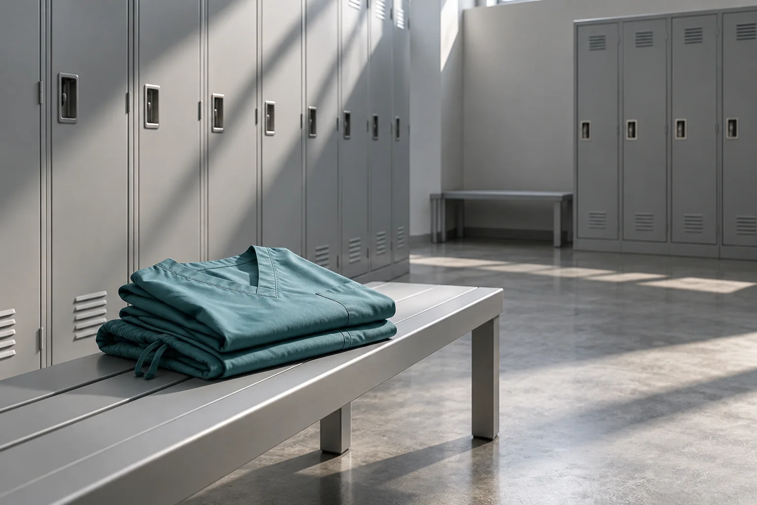 A locker room with folded teal scrubs on a metal bench, nobody there