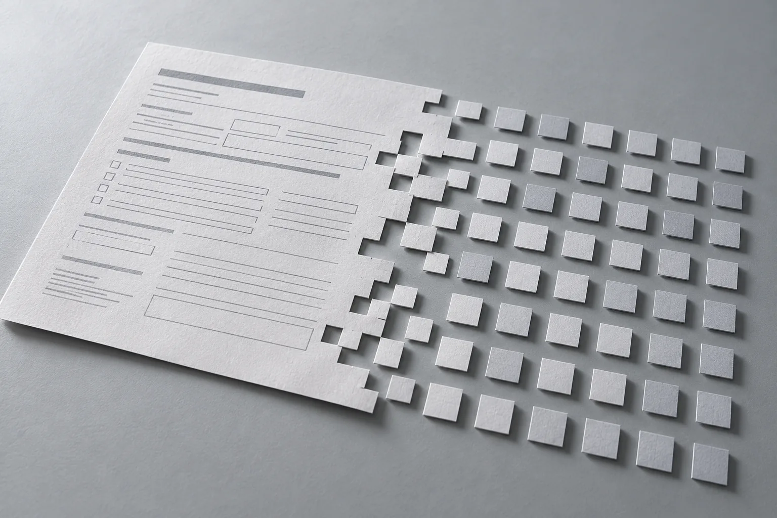 A printed paper form whose right edge breaks apart into a neat grid of small separate tiles