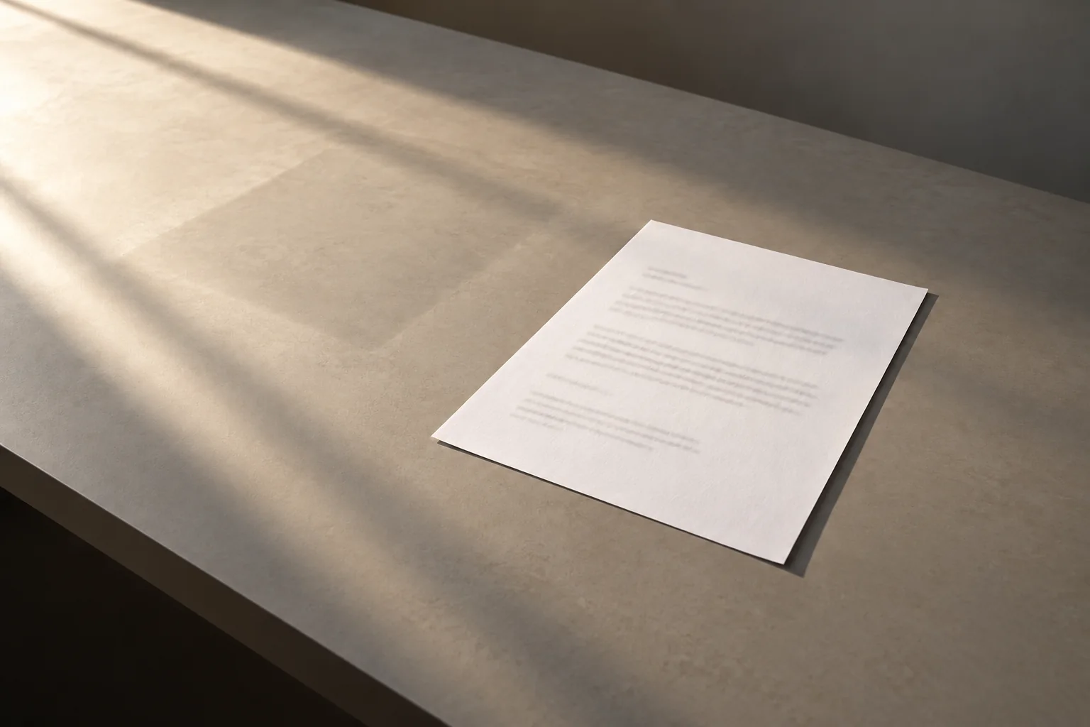 A single printed sheet lying on a bare table in a shaft of sunlight