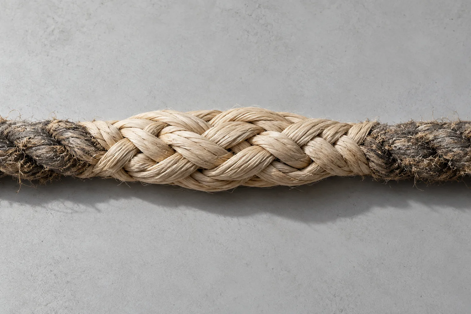A thick rope running horizontally with a tightly braided splice joining two lengths at its centre