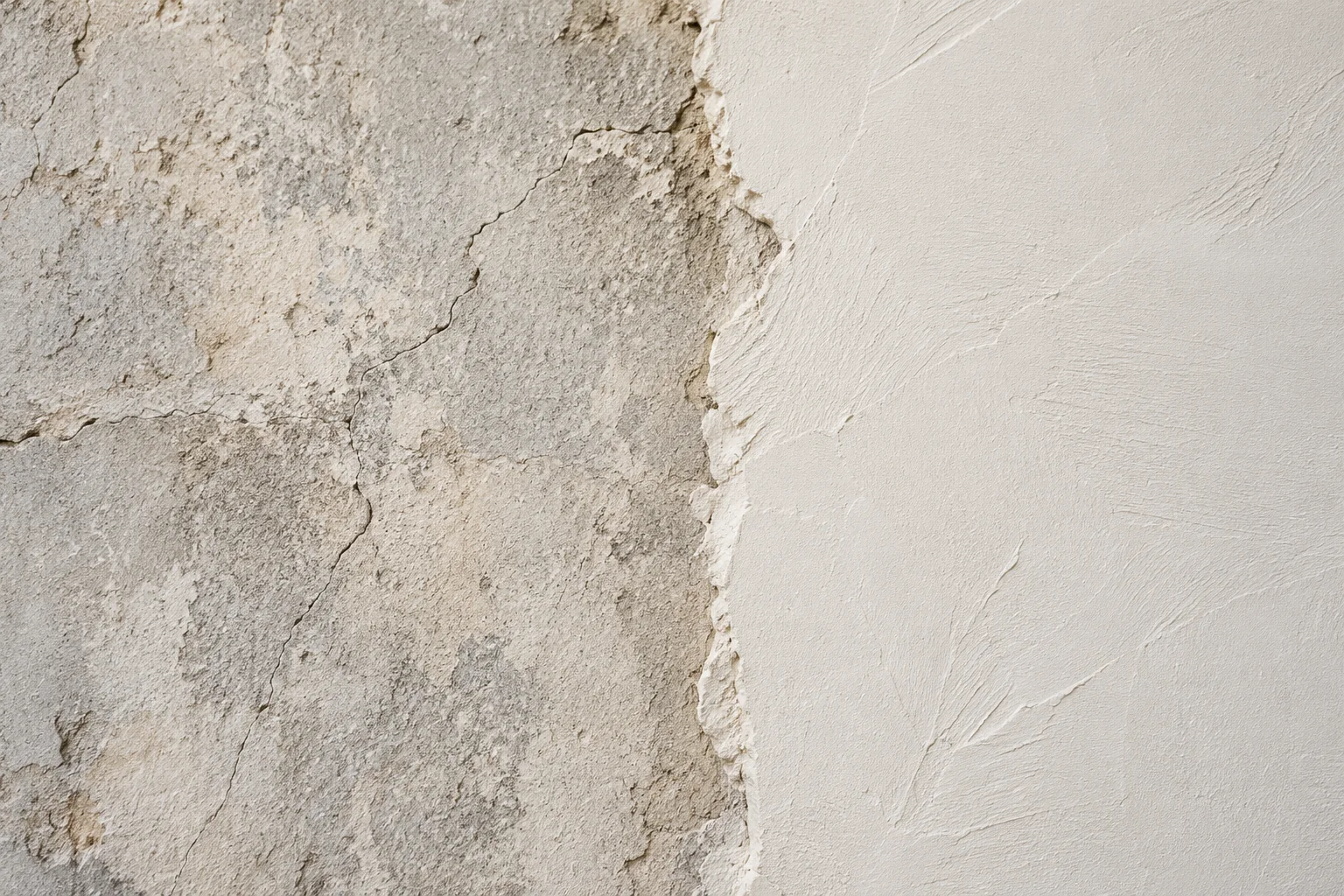 A wall where rough old plaster meets a smooth new surface along a visible seam