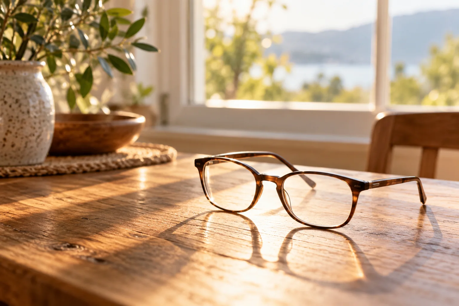 Reading glasses on a wooden table beside a window in warm morning light