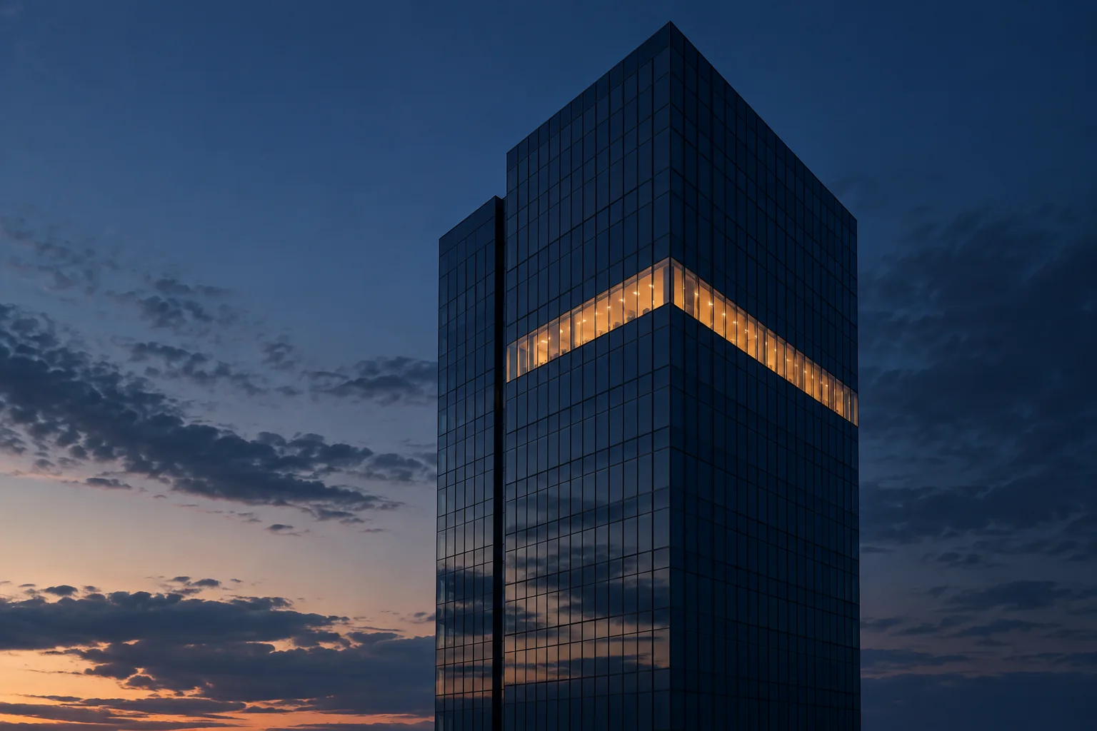 A dark glass office tower at dusk with a single floor lit from within