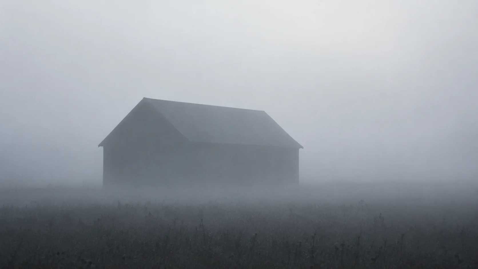 The silhouette of a barn standing in heavy fog across a field