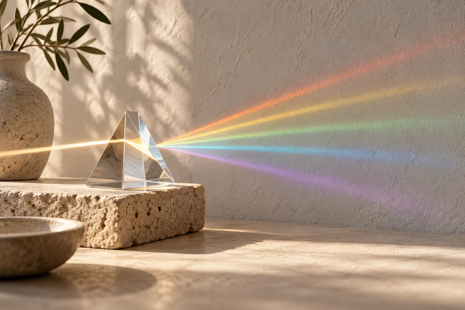 A glass prism on a stone block splitting a beam of light into a spectrum across a pale wall