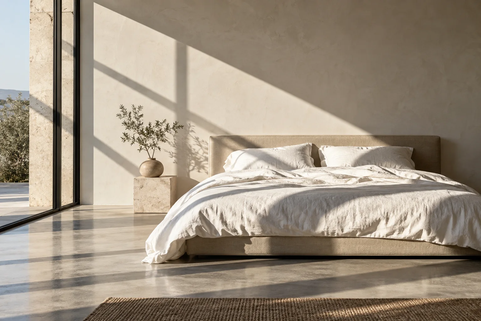A freshly made bed in a bright minimal bedroom, unoccupied