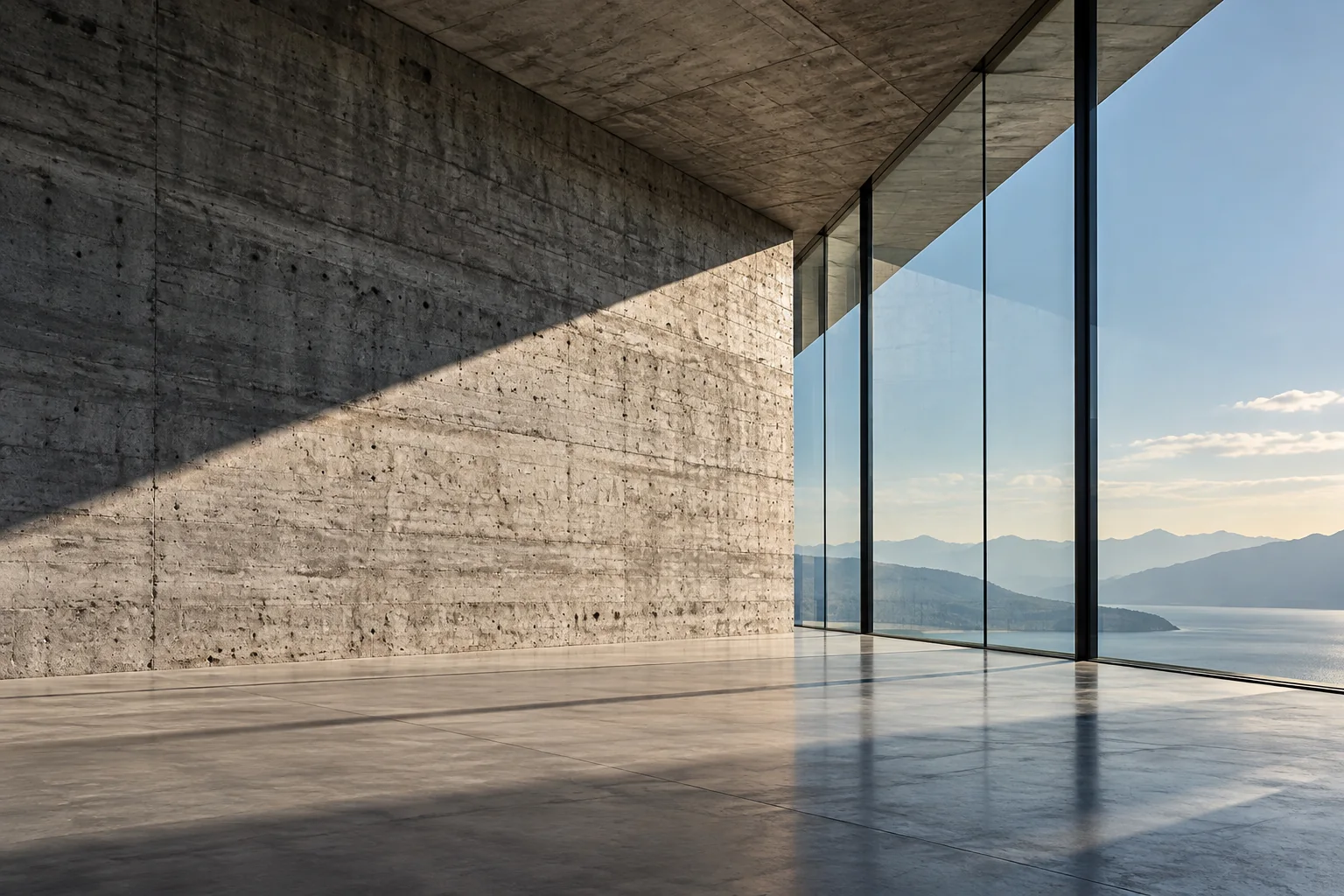 A board-formed concrete wall meeting a wall of glass, with water and hills beyond