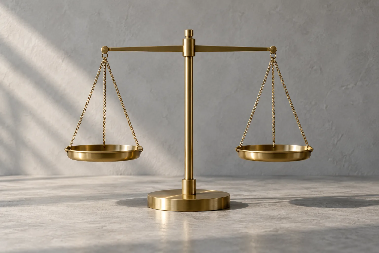 A brass balance scale standing level, both pans empty