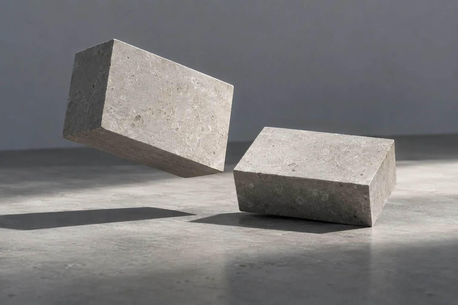 Two matching blocks of pale stone on a concrete floor, one suspended in mid-air above its own shadow, the other resting