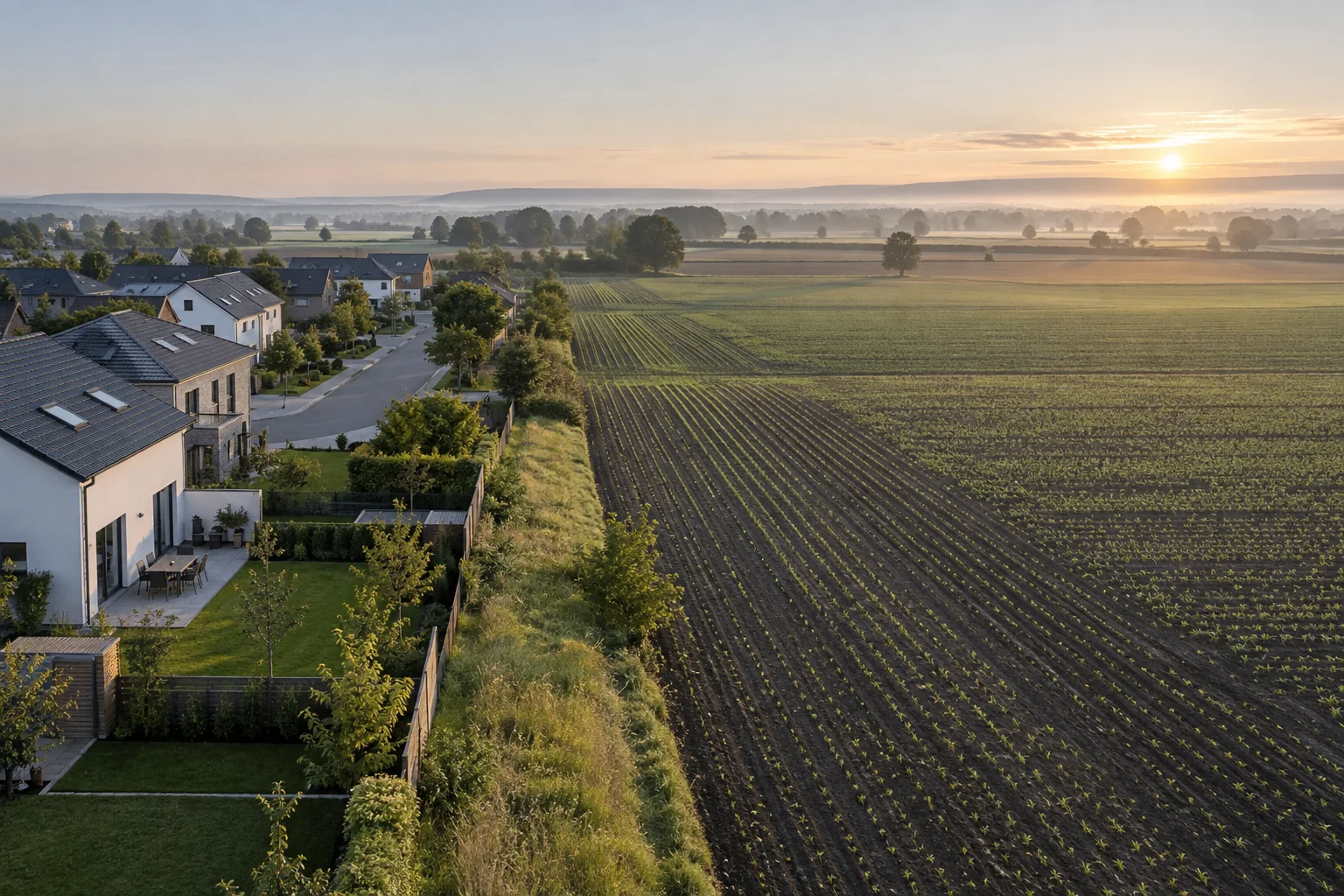 An aerial view at sunrise where the last row of houses in a development meets open farmland
