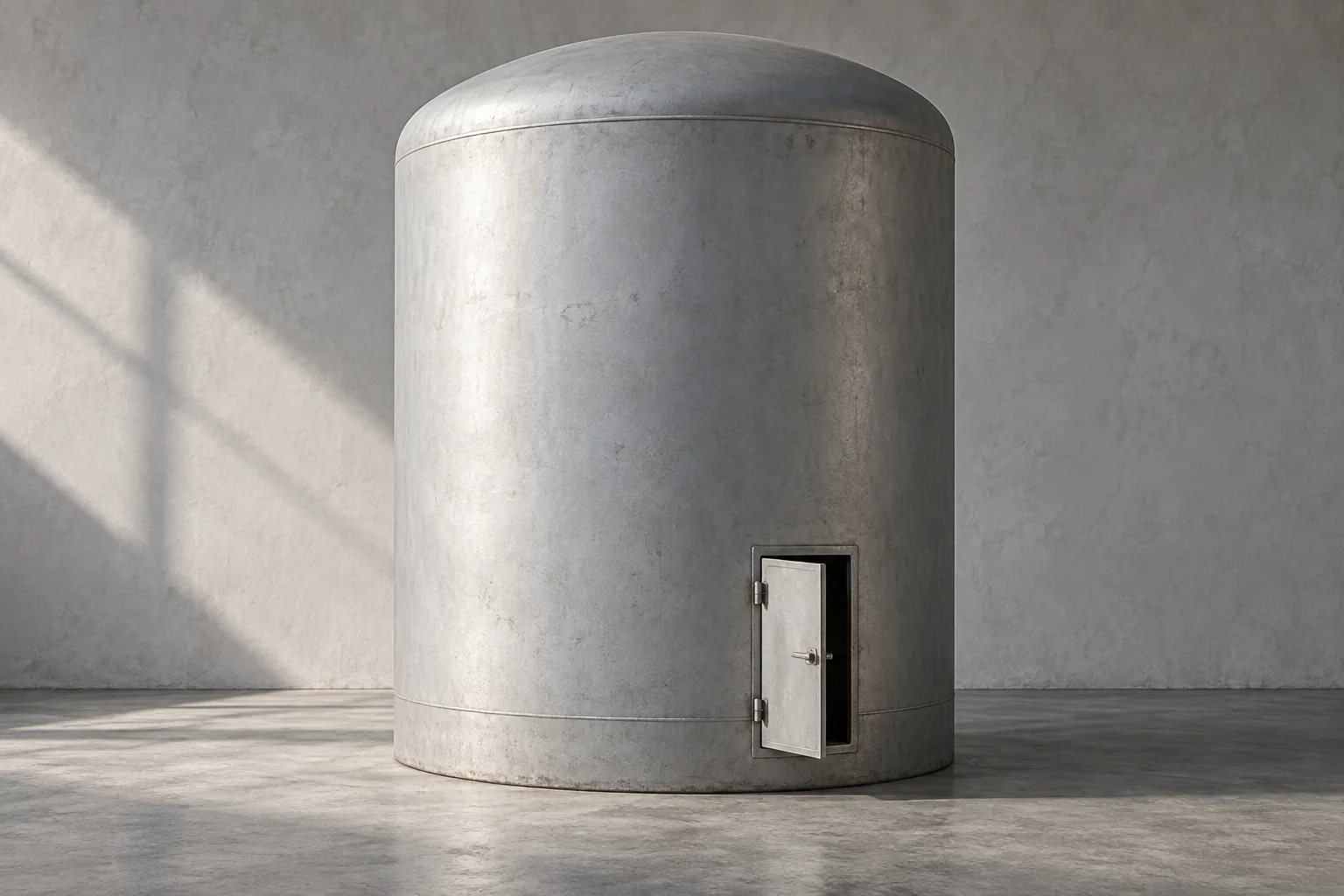 A large sealed concrete cylinder with a single small metal door standing open near its base