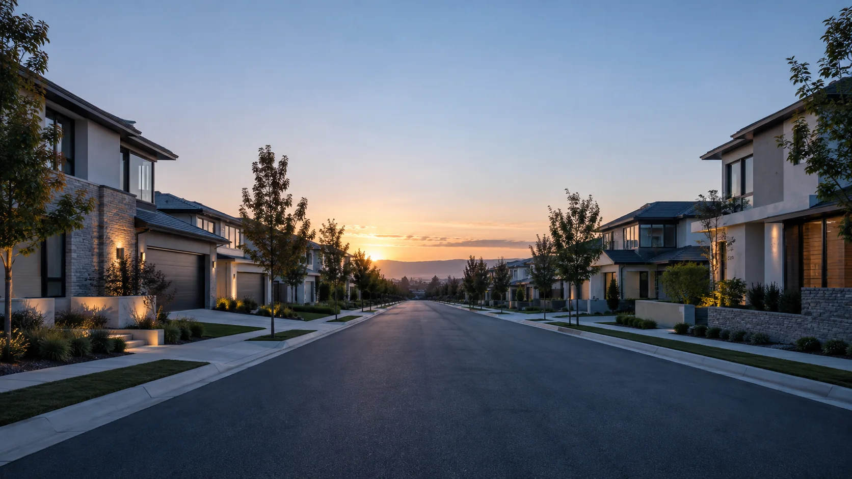 An empty suburban street at sunrise, houses on both sides
