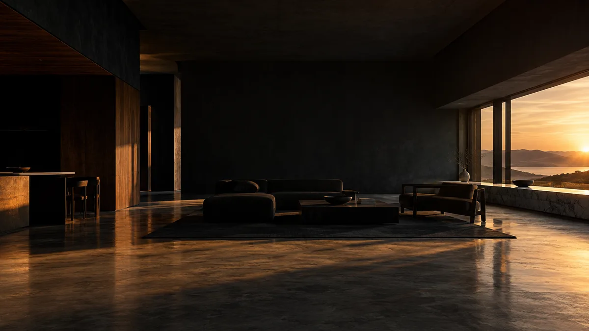 A dark modern living room at sunset, light entering from a wide window on the right and falling across a polished concrete floor.