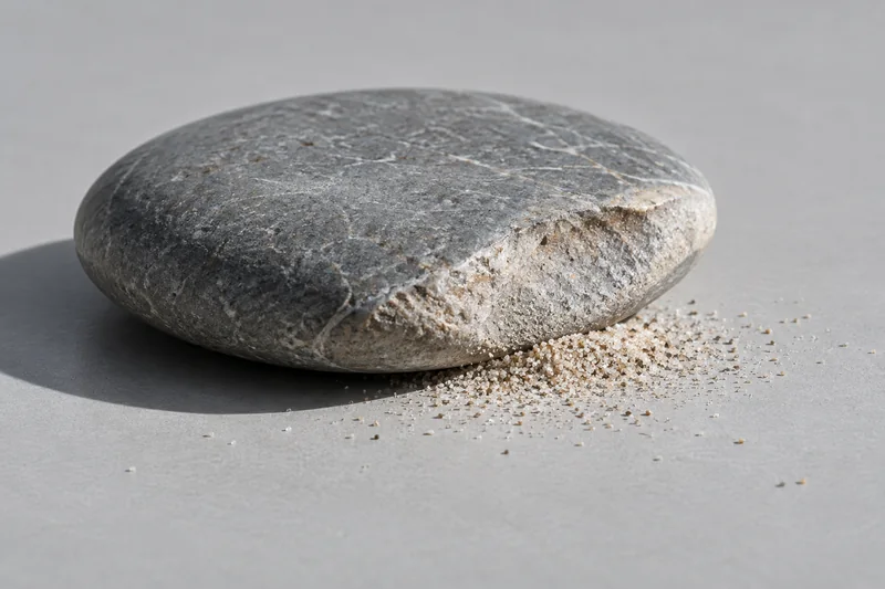 A smooth grey river stone with one edge worn away, fine pale sand gathered beneath it