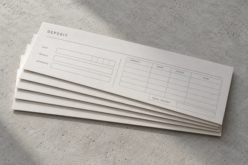 A fanned stack of blank printed deposit slips on a pale concrete surface in raking light