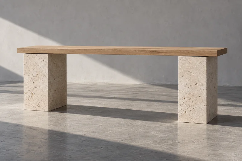 A single oak plank spanning two travertine piers, casting a long shadow across a concrete floor