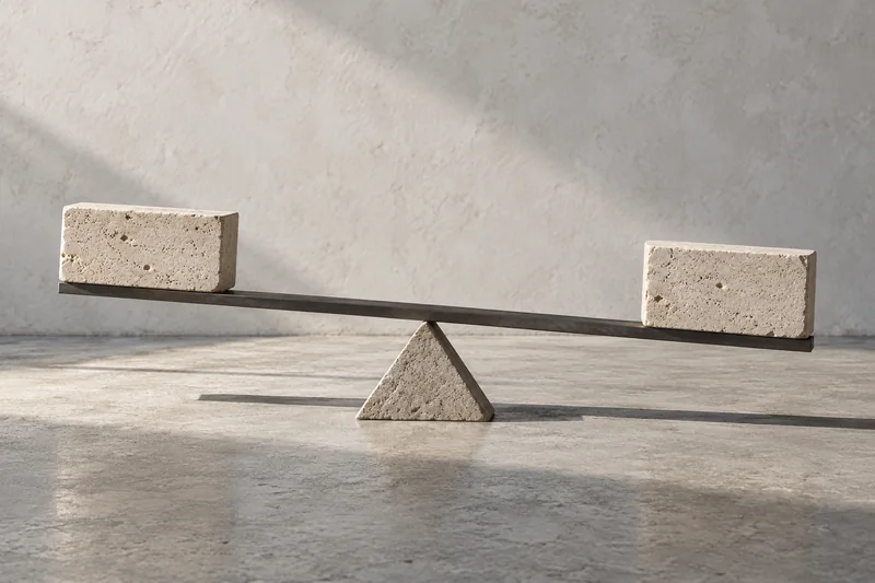 Two blocks of travertine balanced on a steel beam over a stone fulcrum, the left block sitting slightly higher