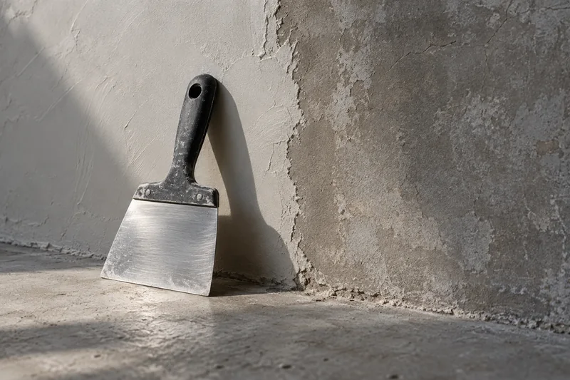 A steel scraper leaning against a wall where fresh smooth plaster meets bare weathered render