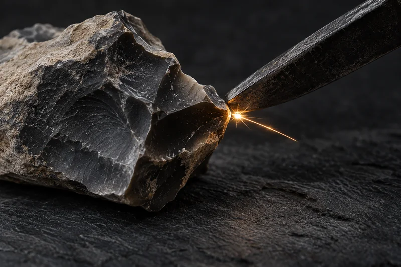 A struck flint throwing a single bright spark against a steel striker on dark slate