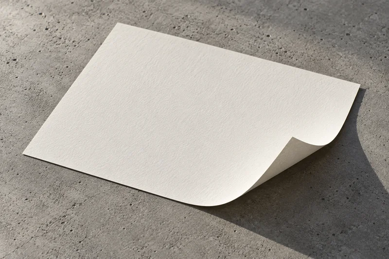 A blank sheet of heavy cream paper lying on concrete, one corner curling upward